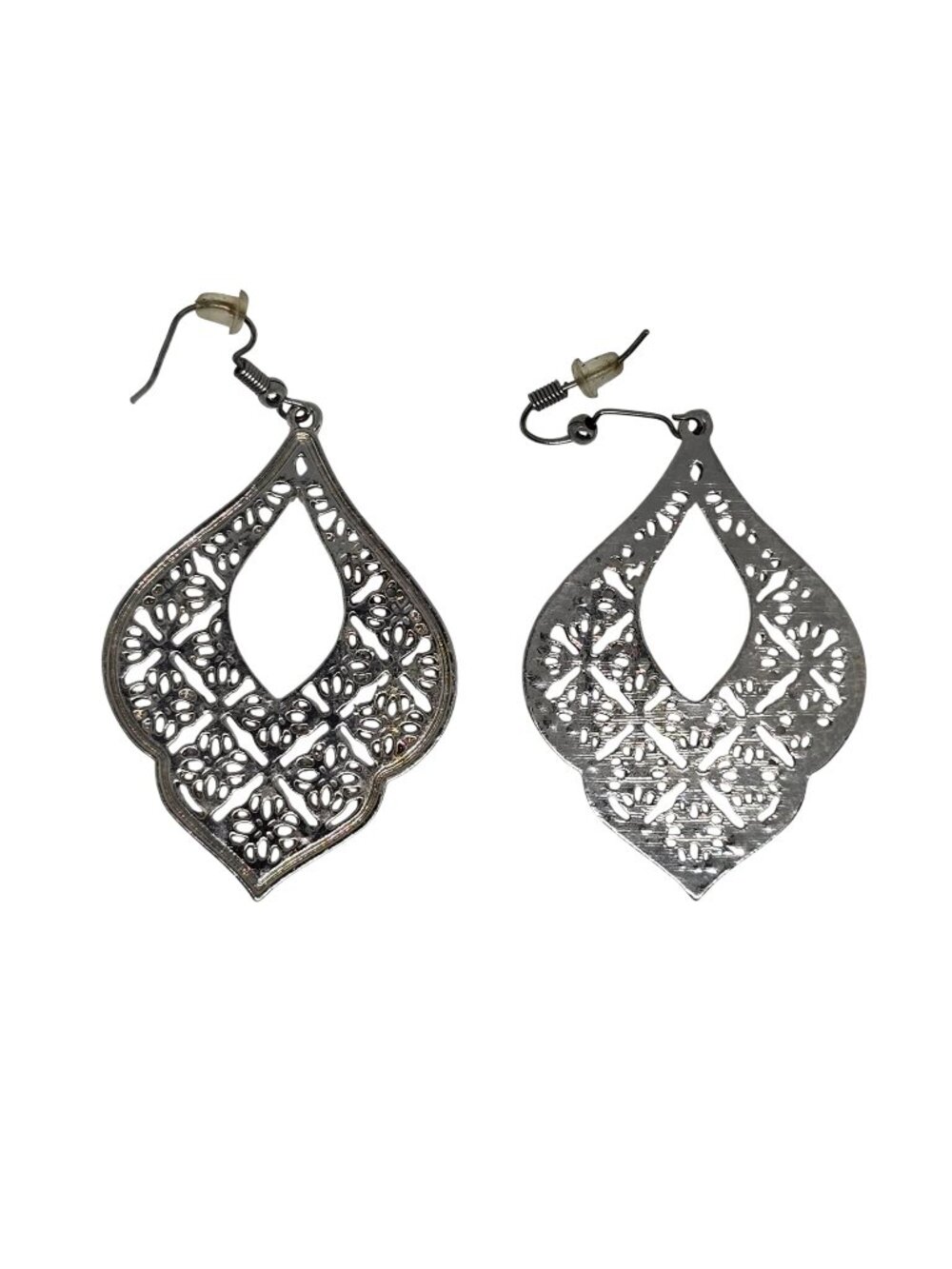 Silver Tone Filigree Teardrop Dangle Earrings Openwork Boho Vintage Pierced
